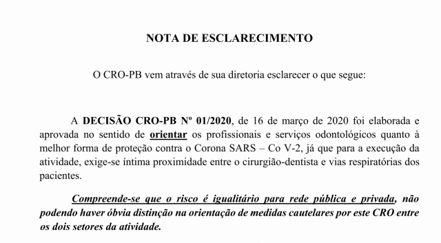 NOTA DE ESCLARECIMENTO COVID-19 / DECISÃO CRO-PB01/2020