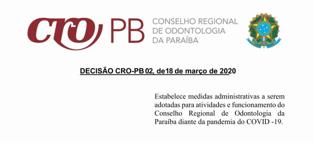 CRO-PB Estabelece medidas administrativas a serem adotadas para atividades e funcionamento diante da pandemia do COVID -19