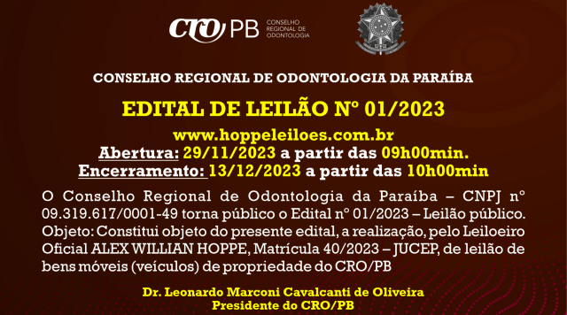 Conselho Regional de Odontologia da Paraíba - EDITAL DE LEILÃO Nº 01/2023 